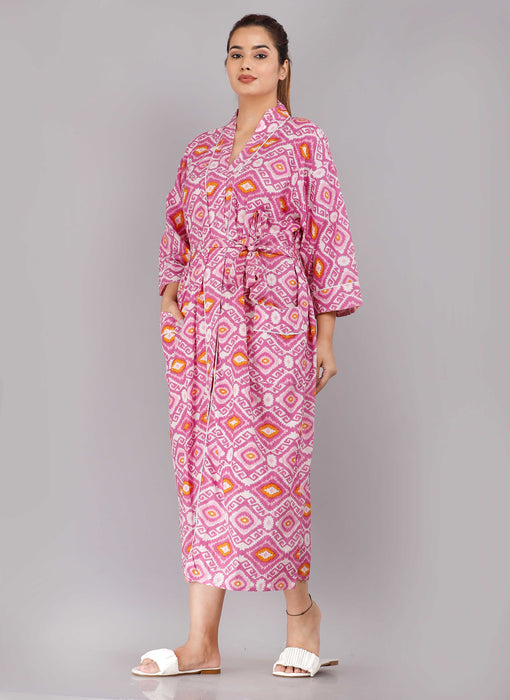 Geometric Pattern Kimono Robe Long Bathrobe For Women (Pink)-KM-78