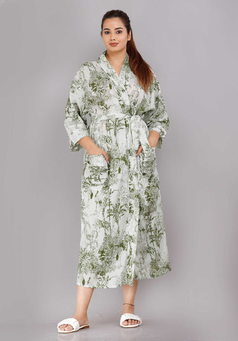 Jungle Pattern Kimono Robe Long Bathrobe For Women (Green)-KM-79