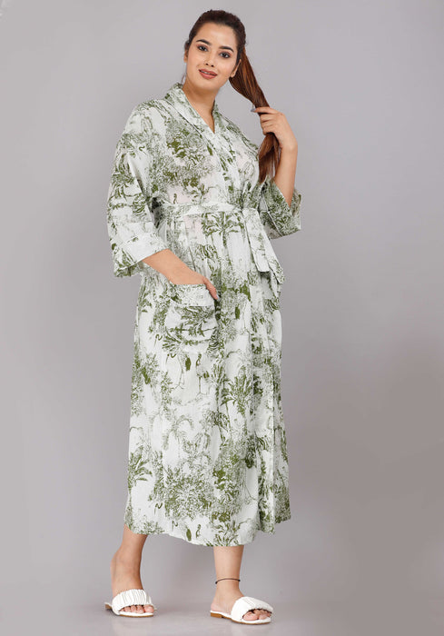 Jungle Pattern Kimono Robe Long Bathrobe For Women (Green)-KM-79