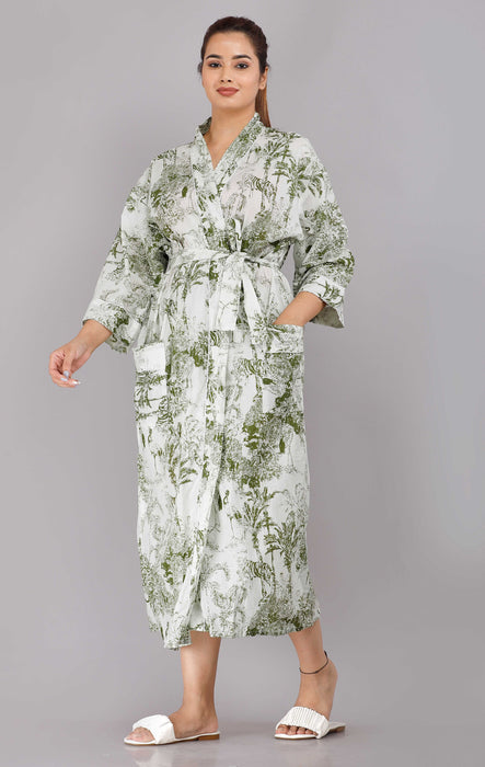 Jungle Pattern Kimono Robe Long Bathrobe For Women (Green)-KM-79