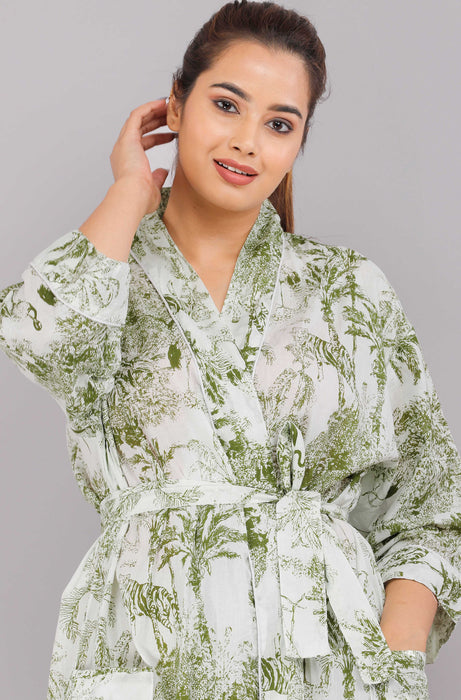 Jungle Pattern Kimono Robe Long Bathrobe For Women (Green)-KM-79