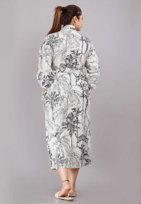 Jungle Pattern Kimono Robe Long Bathrobe For Women (White)-KM-80