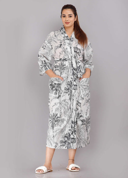 Jungle Pattern Kimono Robe Long Bathrobe For Women (White)-KM-80