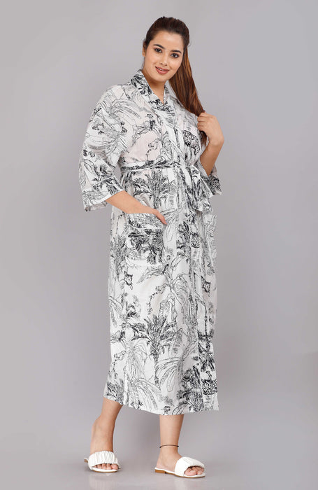 Jungle Pattern Kimono Robe Long Bathrobe For Women (White)-KM-80