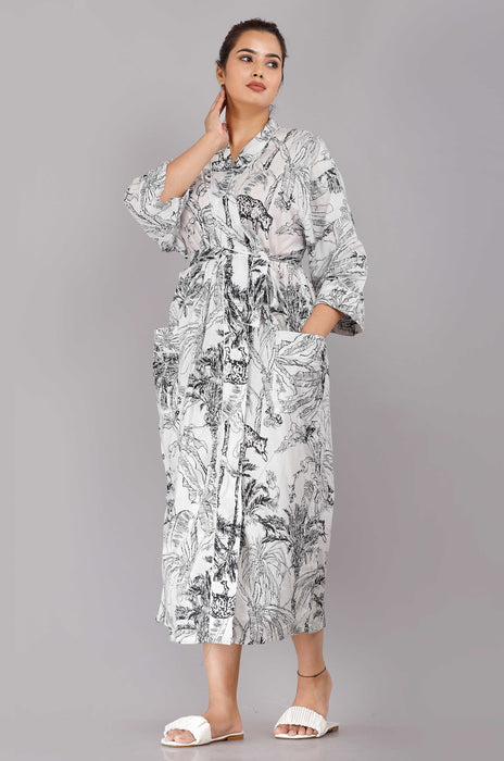 Jungle Pattern Kimono Robe Long Bathrobe For Women (White)-KM-80