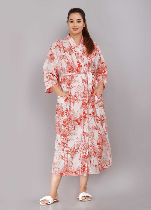 Jungle Pattern Kimono Robe Long Bathrobe For Women (Red)-KM-81