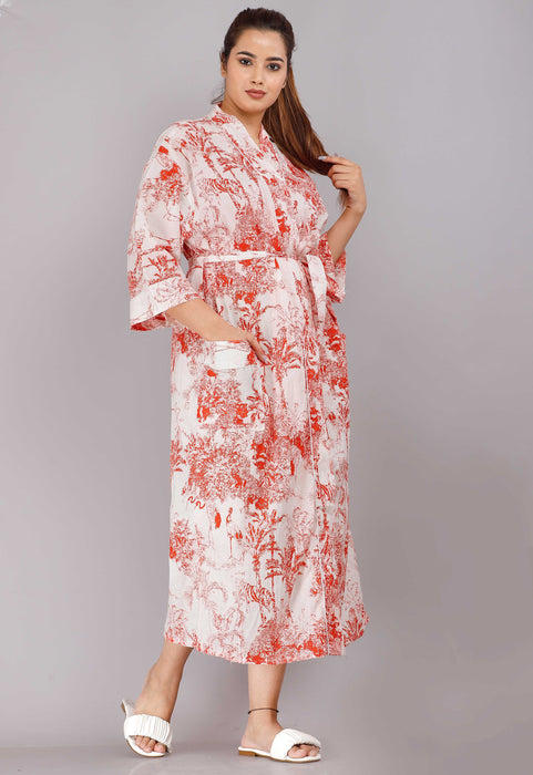 Jungle Pattern Kimono Robe Long Bathrobe For Women (Red)-KM-81