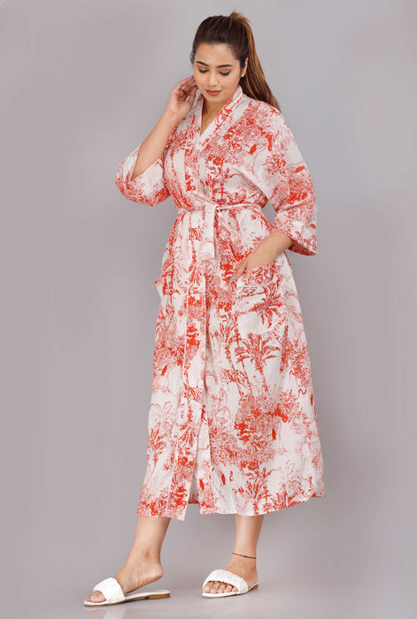 Jungle Pattern Kimono Robe Long Bathrobe For Women (Red)-KM-81