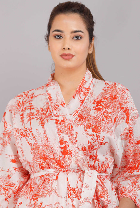 Jungle Pattern Kimono Robe Long Bathrobe For Women (Red)-KM-81