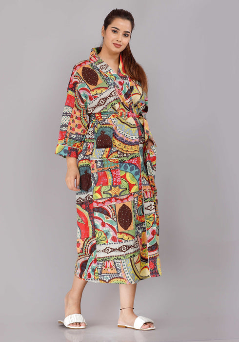 Abstract Pattern Kimono Robe Long Bathrobe For Women (Multi)-KM-82