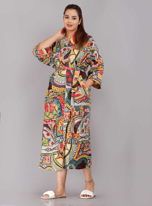 Abstract Pattern Kimono Robe Long Bathrobe For Women (Multi)-KM-82