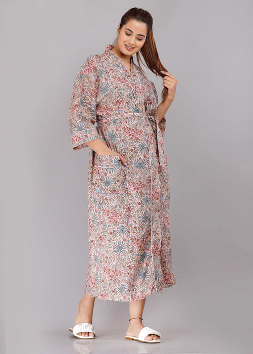 Floral Pattern Kimono Robe Long Bathrobe For Women (Multi)-KM-83