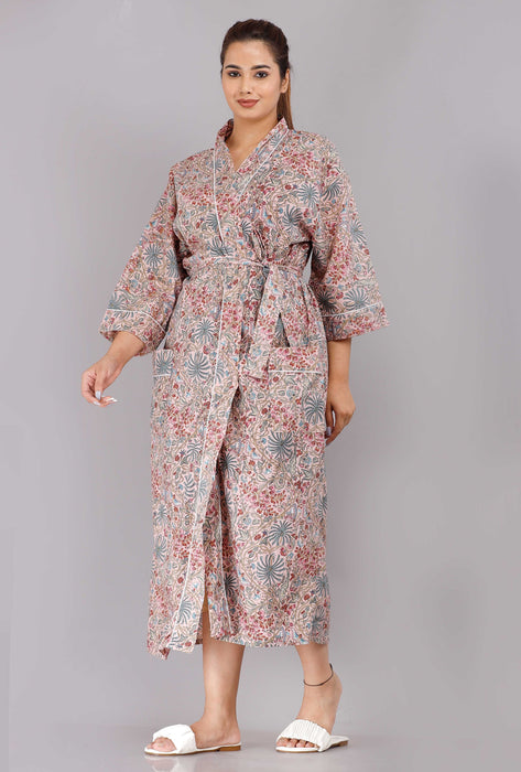 Floral Pattern Kimono Robe Long Bathrobe For Women (Multi)-KM-83