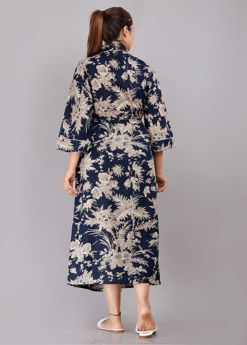 Floral Pattern Kimono Robe Long Bathrobe For Women (Blue)-KM-84