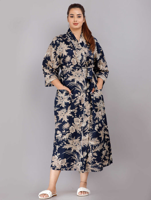 Floral Pattern Kimono Robe Long Bathrobe For Women (Blue)-KM-84