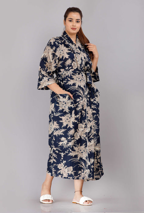 Floral Pattern Kimono Robe Long Bathrobe For Women (Blue)-KM-84