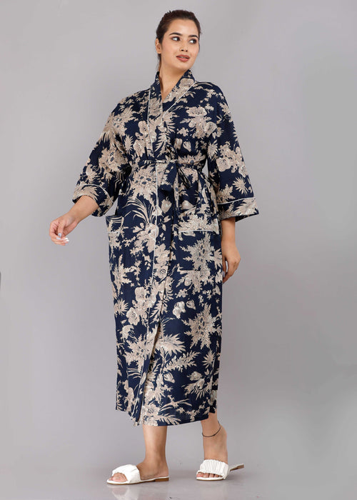 Floral Pattern Kimono Robe Long Bathrobe For Women (Blue)-KM-84