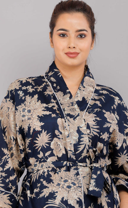 Floral Pattern Kimono Robe Long Bathrobe For Women (Blue)-KM-84