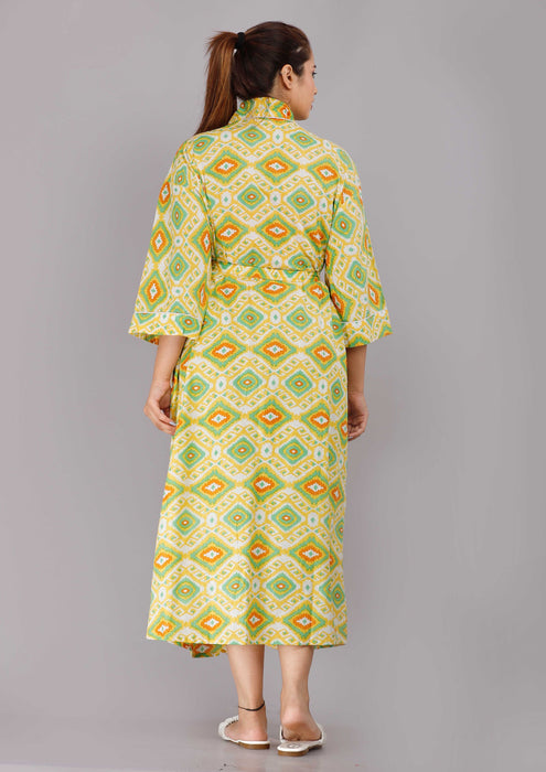 Geometric Pattern Kimono Robe Long Bathrobe For Women (Yellow)-KM-86