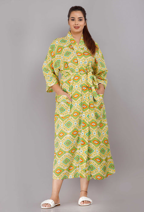 Geometric Pattern Kimono Robe Long Bathrobe For Women (Yellow)-KM-86