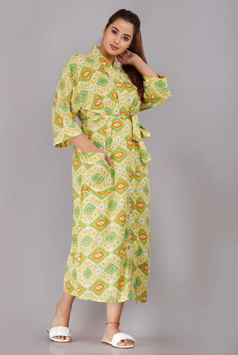 Geometric Pattern Kimono Robe Long Bathrobe For Women (Yellow)-KM-86