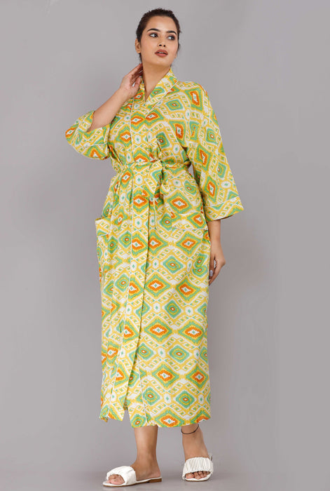 Geometric Pattern Kimono Robe Long Bathrobe For Women (Yellow)-KM-86