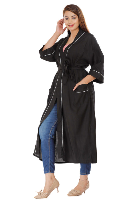 Solid Pattern Kimono Robe Long Bathrobe For Women (Black)-KM-61