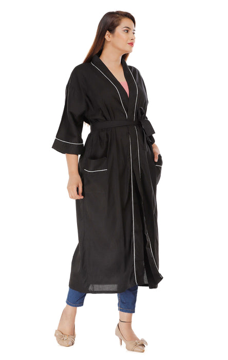 Solid Pattern Kimono Robe Long Bathrobe For Women (Black)-KM-61