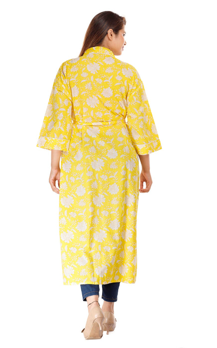 Floral Pattern Kimono Robe Long Bathrobe For Women (Yellow)-KM-60