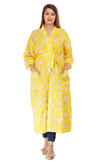 Floral Pattern Kimono Robe Long Bathrobe For Women (Yellow)-KM-60