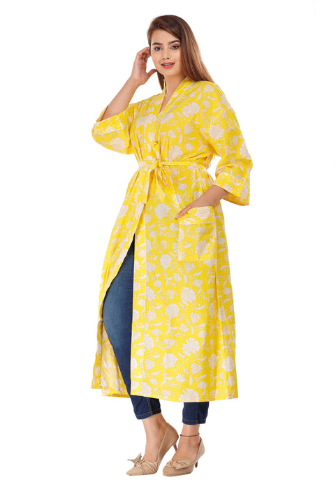 Floral Pattern Kimono Robe Long Bathrobe For Women (Yellow)-KM-60