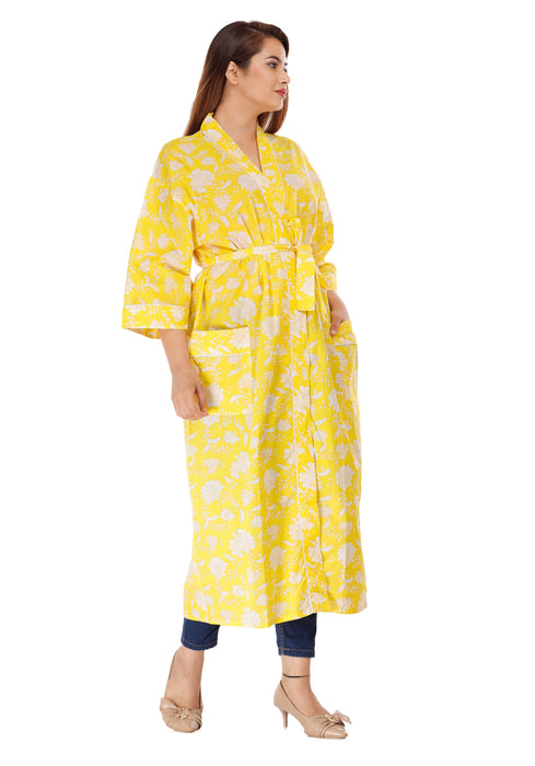 Floral Pattern Kimono Robe Long Bathrobe For Women (Yellow)-KM-60