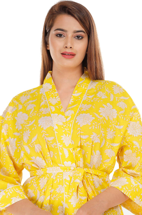 Floral Pattern Kimono Robe Long Bathrobe For Women (Yellow)-KM-60