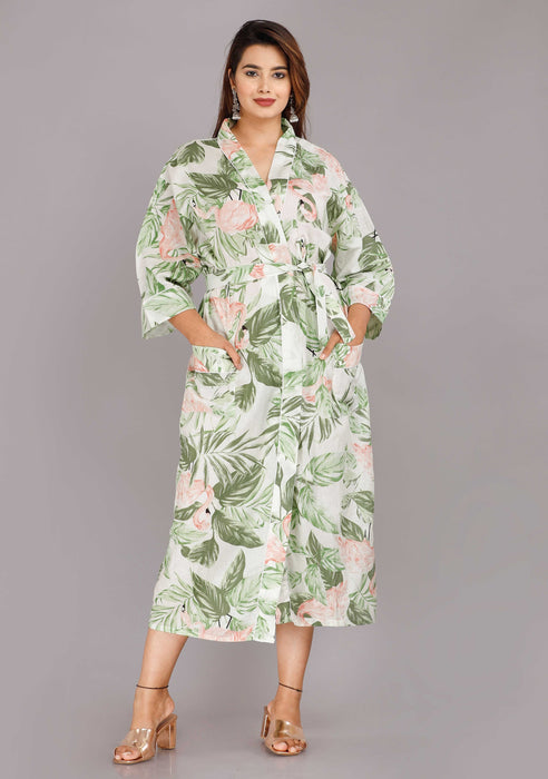 Floral Pattern Kimono Robe Long Bathrobe For Women (Green)-KM-36