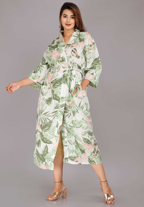 Floral Pattern Kimono Robe Long Bathrobe For Women (Green)-KM-36