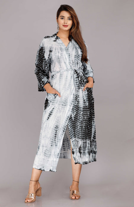 Tie Dye Pattern Kimono Robe Long Bathrobe For Women (Grey)-KM-53