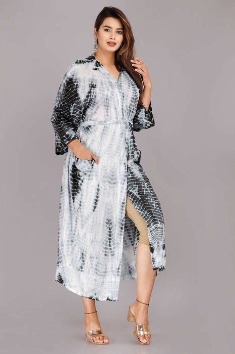 Tie Dye Pattern Kimono Robe Long Bathrobe For Women (Grey)-KM-53