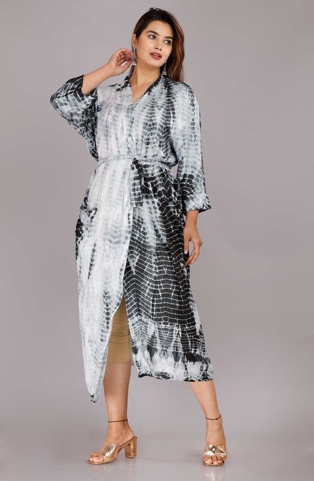 Tie Dye Pattern Kimono Robe Long Bathrobe For Women (Grey)-KM-53