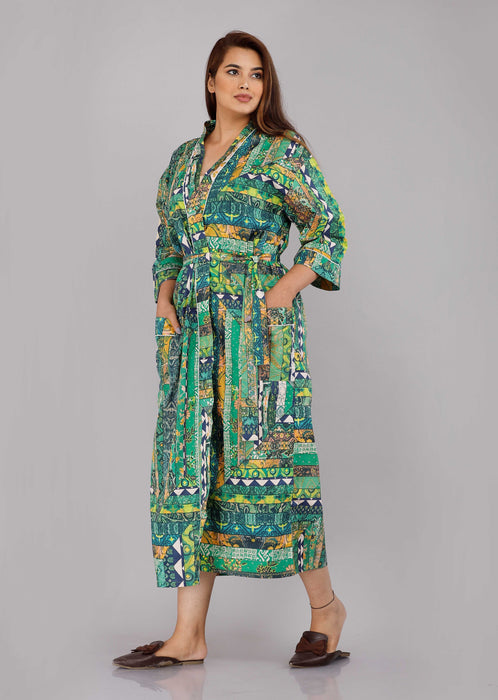 Abstract Pattern Kimono Robe Long Bathrobe For Women (Green)-KM-7