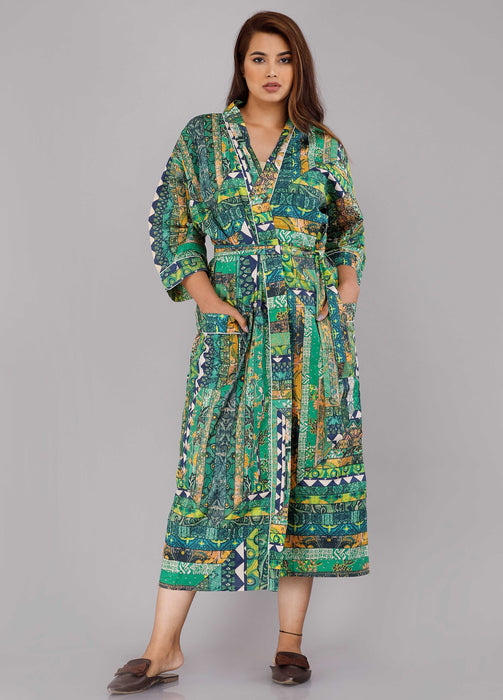 Abstract Pattern Kimono Robe Long Bathrobe For Women (Green)-KM-7