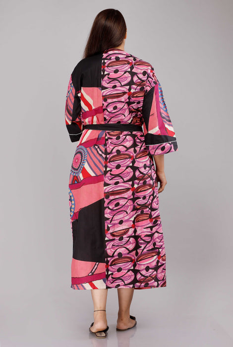 Abstract Pattern Kimono Robe Long Bathrobe For Women (Pink)-KM-13