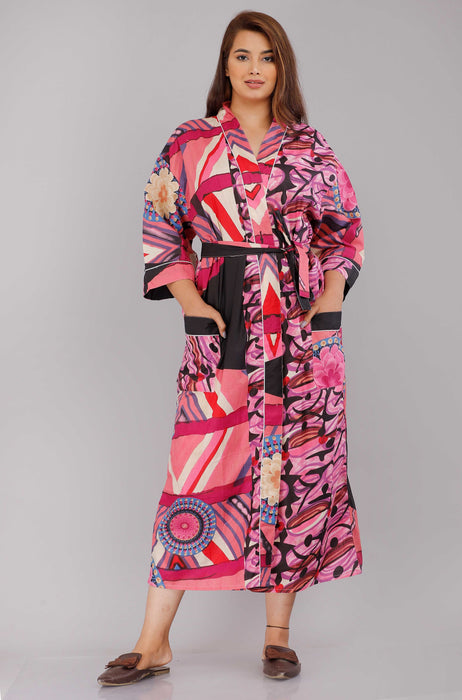 Abstract Pattern Kimono Robe Long Bathrobe For Women (Pink)-KM-13