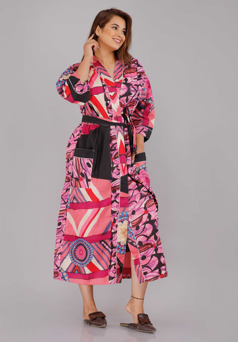 Abstract Pattern Kimono Robe Long Bathrobe For Women (Pink)-KM-13