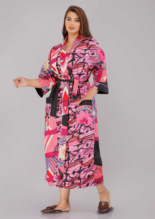 Abstract Pattern Kimono Robe Long Bathrobe For Women (Pink)-KM-13