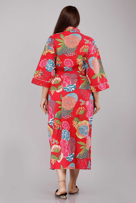 Floral Pattern Kimono Robe Long Bathrobe For Women (Red)-KM-14