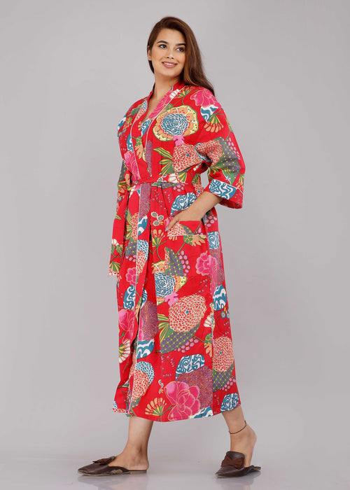 Floral Pattern Kimono Robe Long Bathrobe For Women (Red)-KM-14