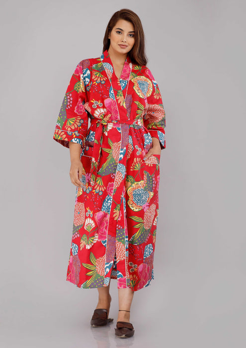 Floral Pattern Kimono Robe Long Bathrobe For Women (Red)-KM-14