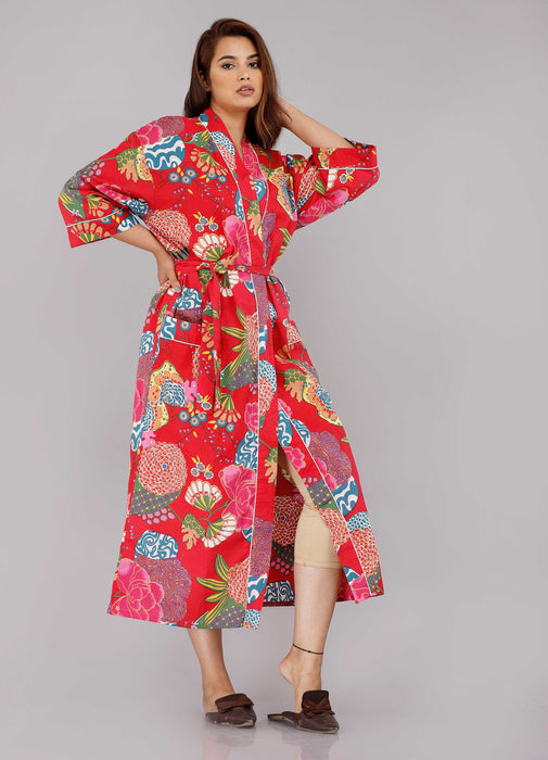 Floral Pattern Kimono Robe Long Bathrobe For Women (Red)-KM-14