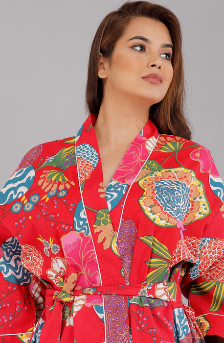 Floral Pattern Kimono Robe Long Bathrobe For Women (Red)-KM-14