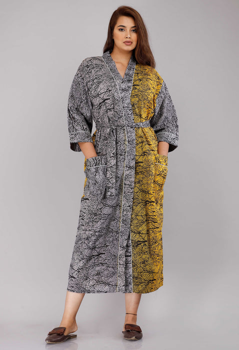 Tree Pattern Kimono Robe Long Bathrobe For Women (Grey)-KM-9